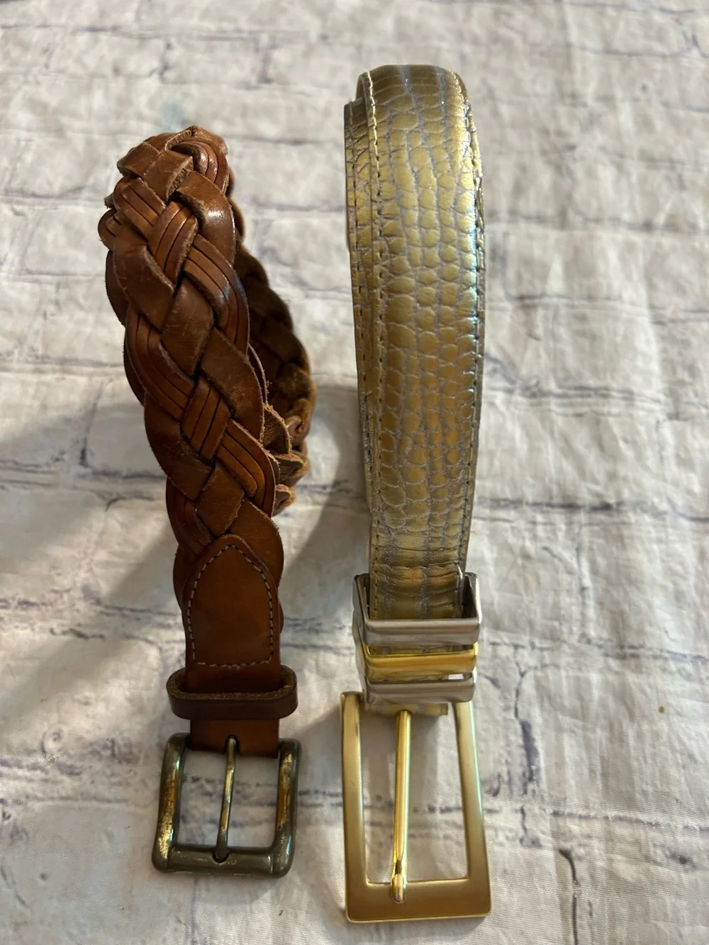 ELITE VTG GOLD METALLIC SKIN PRINT AND EDDIE BAUER BROWN LEATHER BRAIDED BELTS